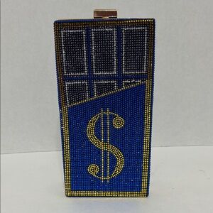 Beaded Dollar Sign Crystal Clutch - Blue & Gold